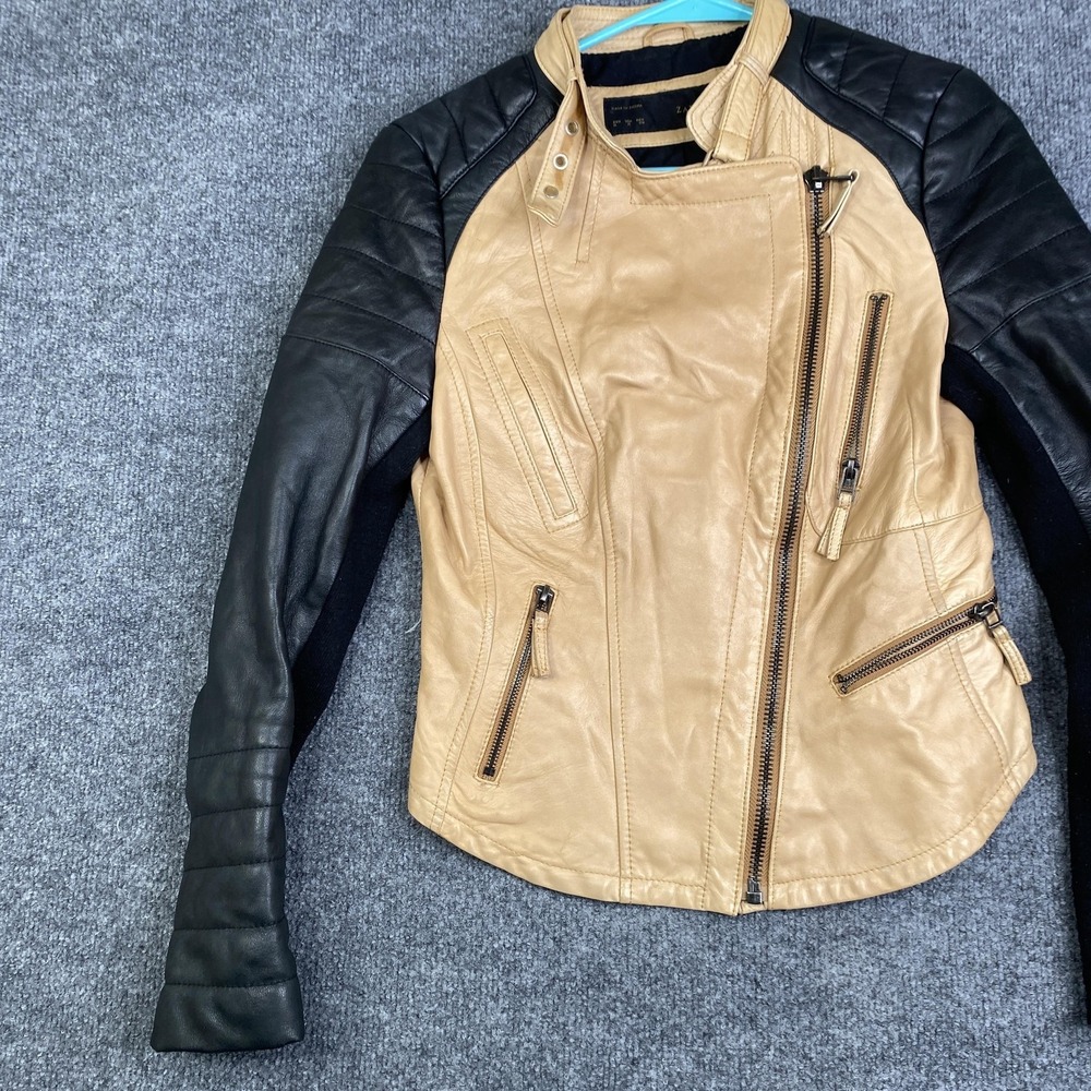 Zara Jacket Womens Medium Beige Black Leather Moto Asymmetrical Lambskin Cafe - Picture 2 of 10
